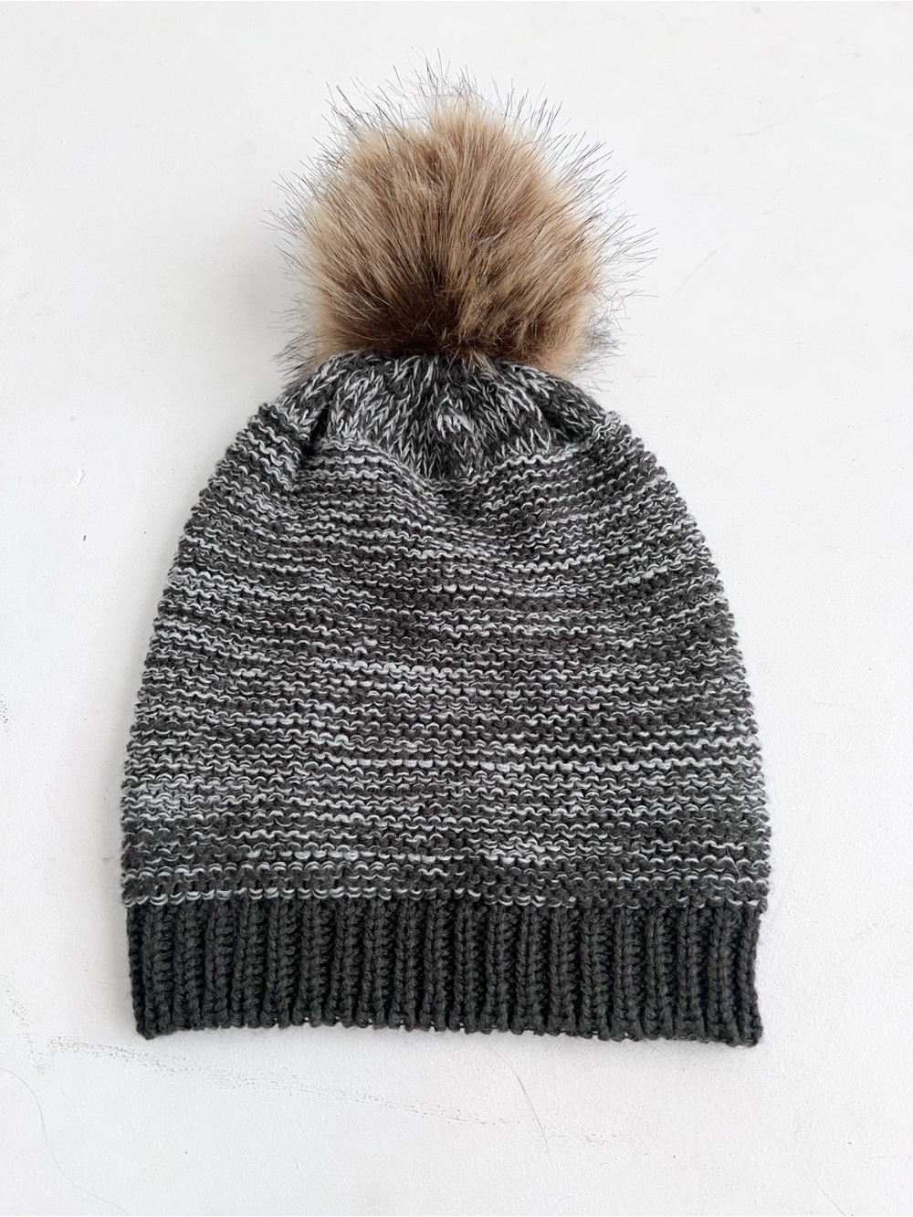 Womens Faux Fur Pom Beanie - Dark Gray